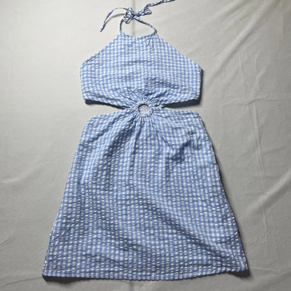 NWT Sim & Sam Womens Blue White Gingham Check Cutout Halter Mini Dress Size M